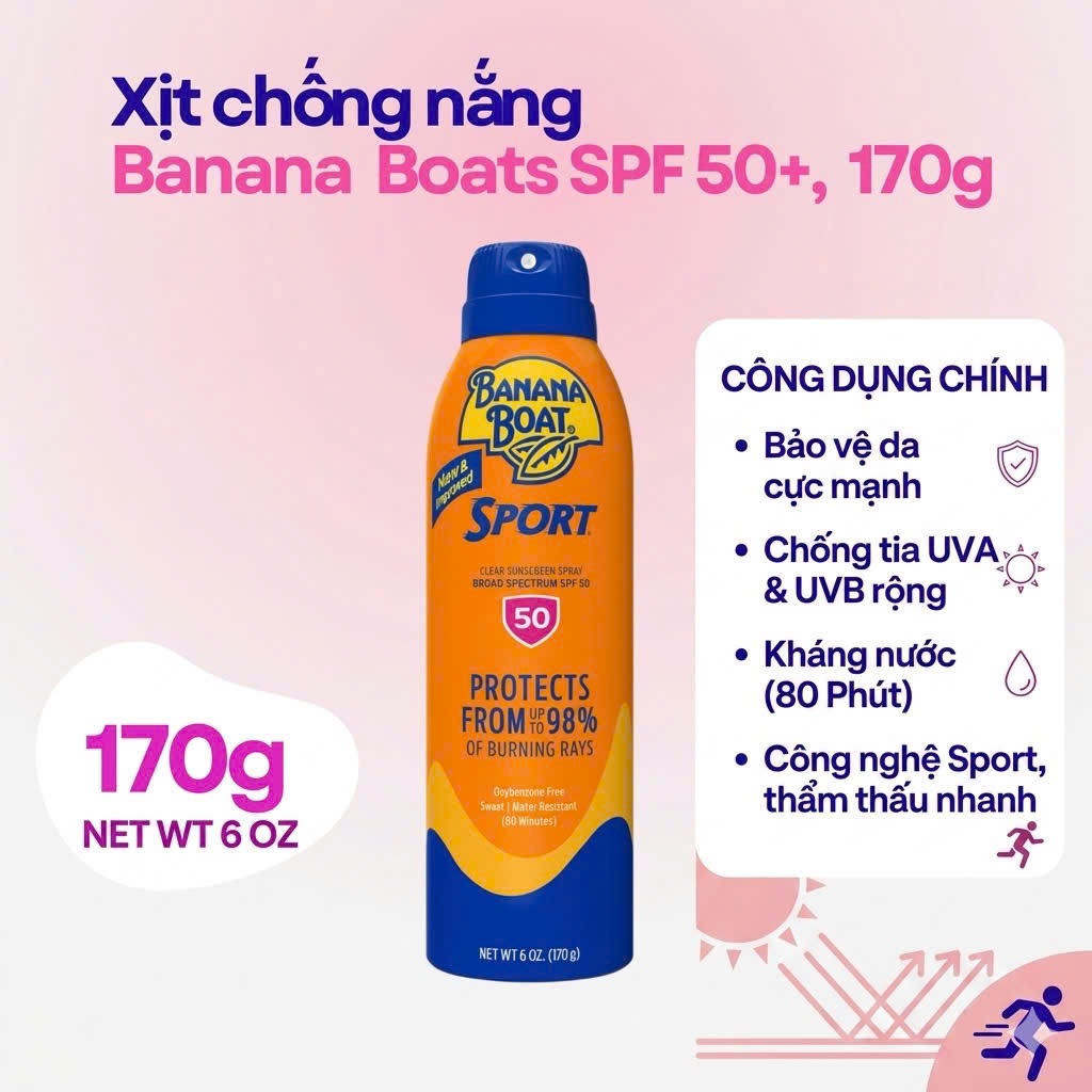 [HÀNG MỸ] Xịt Chống Nắng Banana Boat Sport SPF 50+ (170g) - Bảo vệ da mạnh mẽ, kháng nước tốt