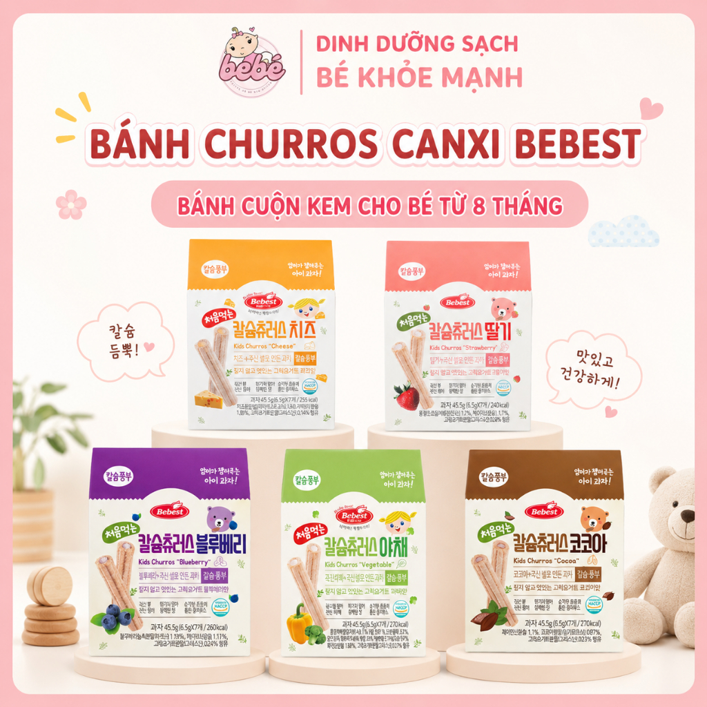 (Date Mới) Bánh cuộn ngũ cốc nhân kem canxi hữu cơ Bebest Churros Hàn Quốc cho bé ăn dặm từ 8 tháng