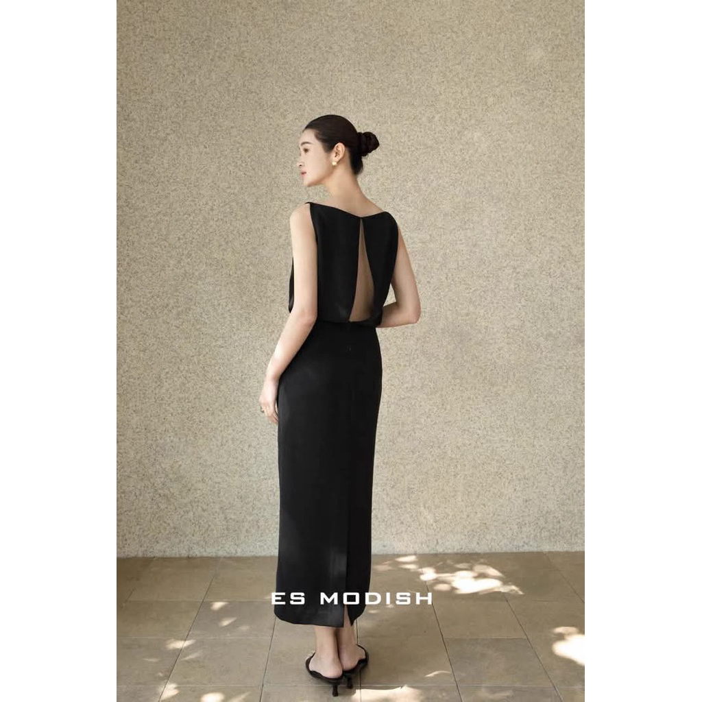 Váy Maxi Đen Dáng Suông Hở Lưng Quyến Rũ - Đầm Nữ Không Tay Cổ Thuyền Thanh Lịch Dự Tiệc, Đi Chơi, Công Sở
