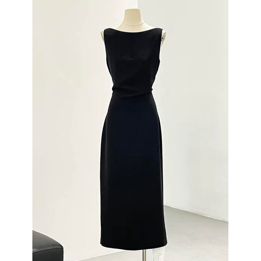 Váy Maxi Đen Dáng Suông Hở Lưng Quyến Rũ - Đầm Nữ Không Tay Cổ Thuyền Thanh Lịch Dự Tiệc, Đi Chơi, Công Sở