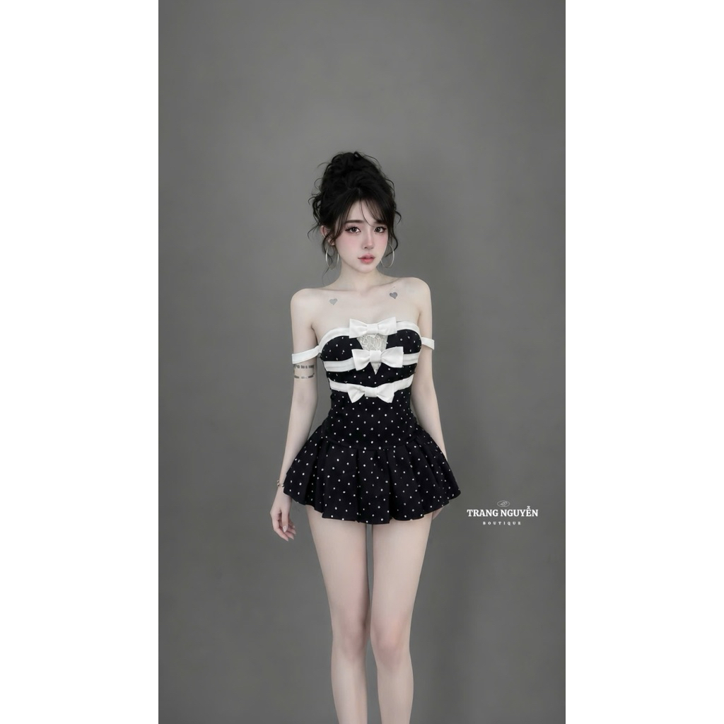 Set váy chấm bi cúp ngực phối nơ xinh