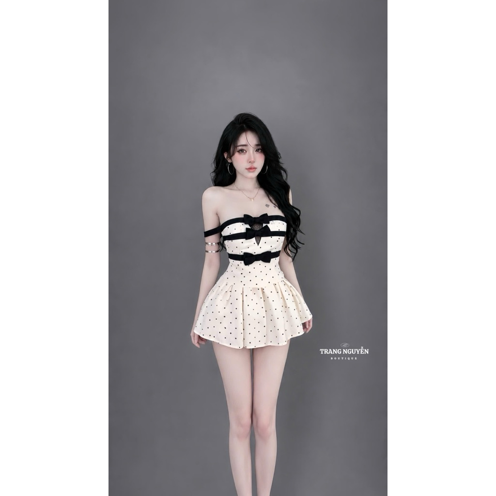 Set váy chấm bi cúp ngực phối nơ xinh