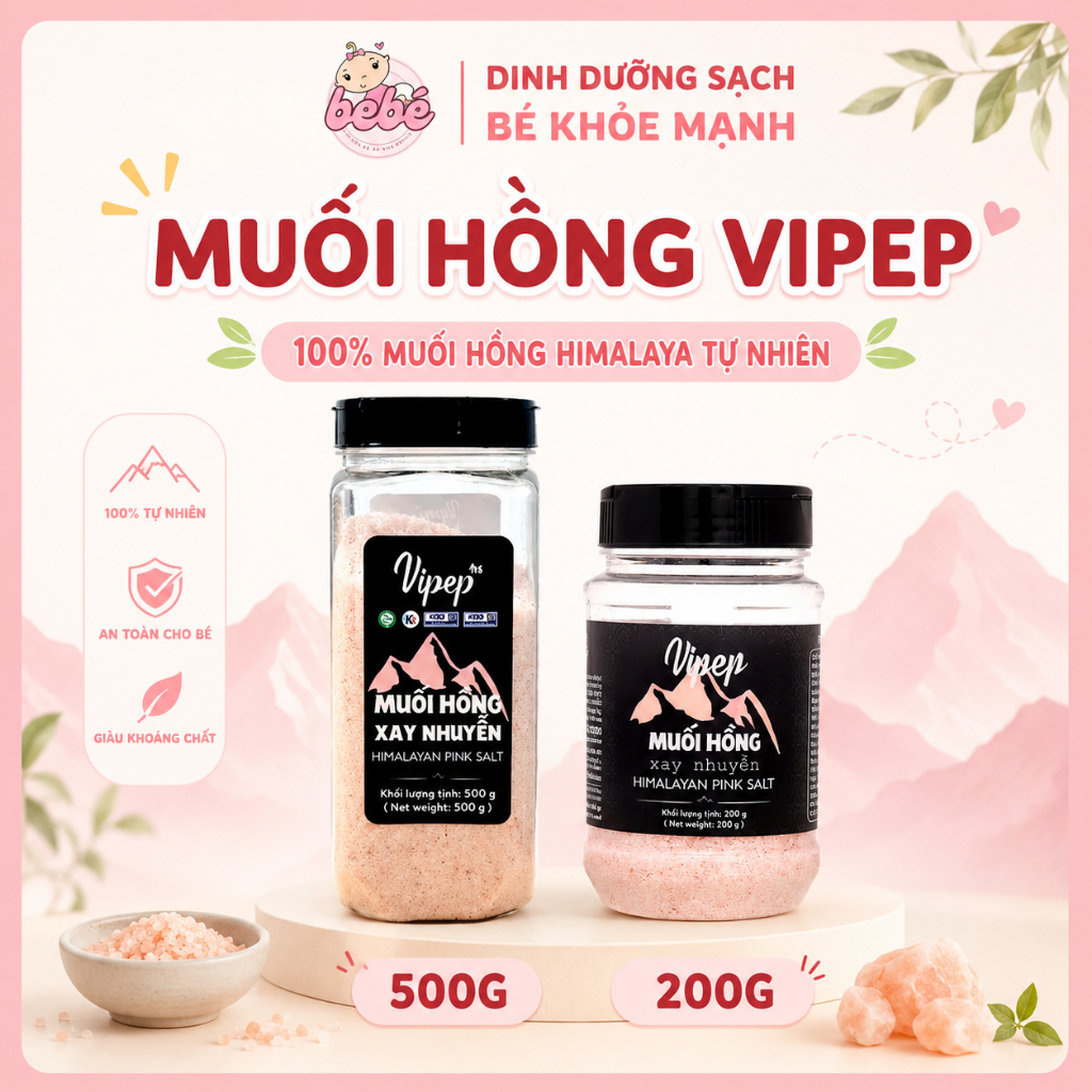 Muối hồng Himalaya Vipep xay nhuyễn hũ 200g và 500g. Tốt cho sức khoẻ, dùng được cho cả gia đình.
