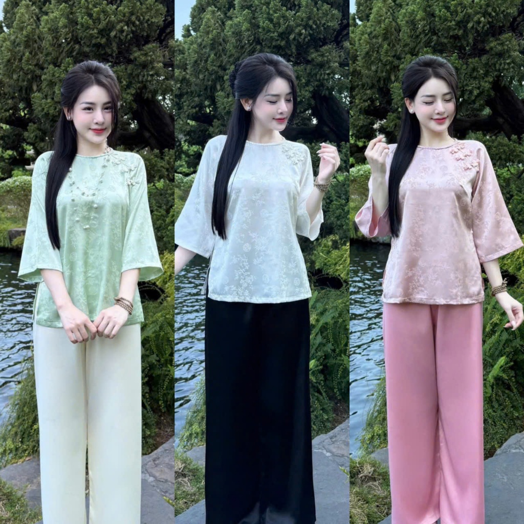 Đồ lam đi chùa nữ bộ pháp phục cổ tết gấm trúc đính ngọc lụa mềm mại thanh lịch đi lễ tết đền chùa 4size S,M,L,XL