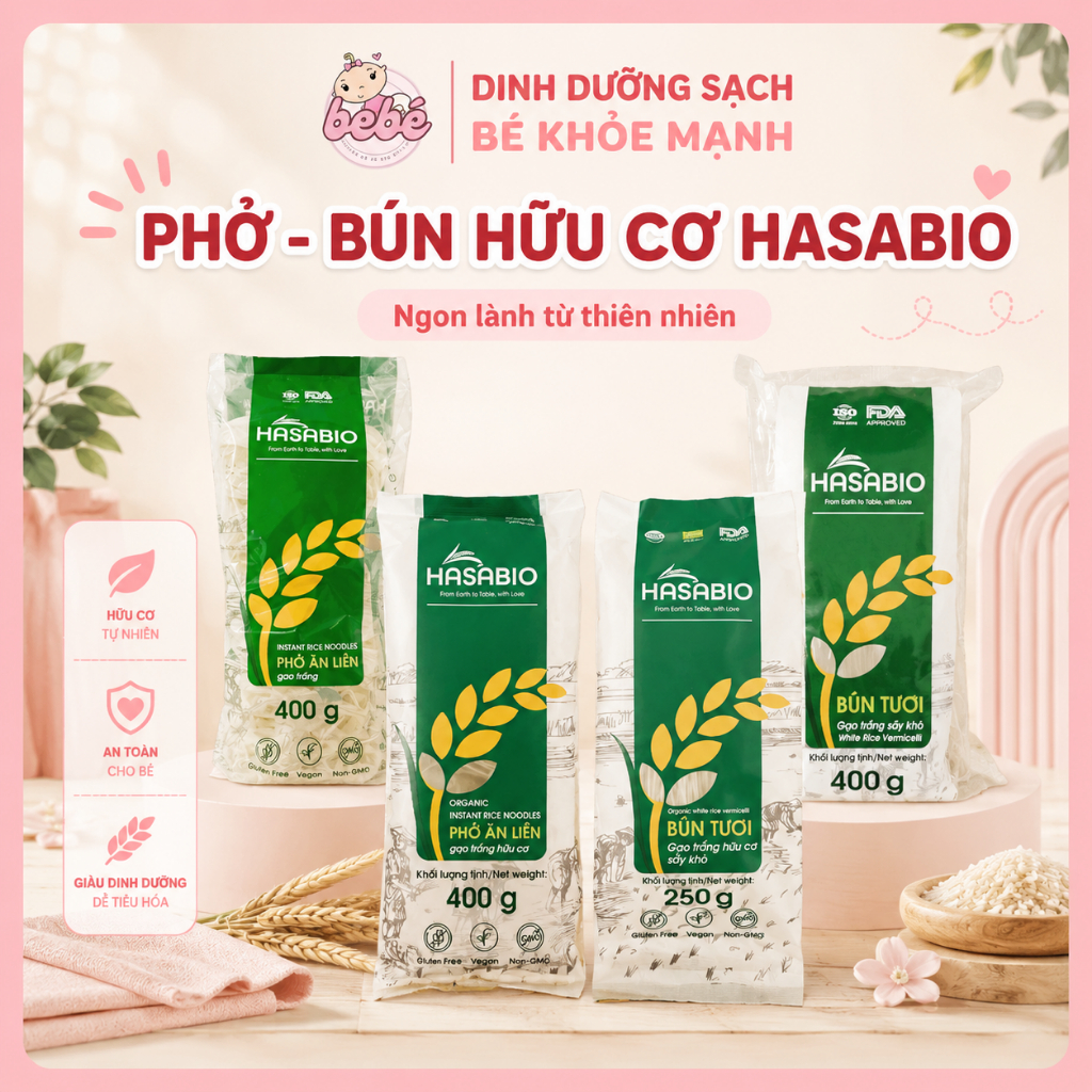 Phở gạo trắng / bún tươi sấy khô hữu cơ Hasabio Foods - Sợi ngon mềm cho bé và cả gia đình