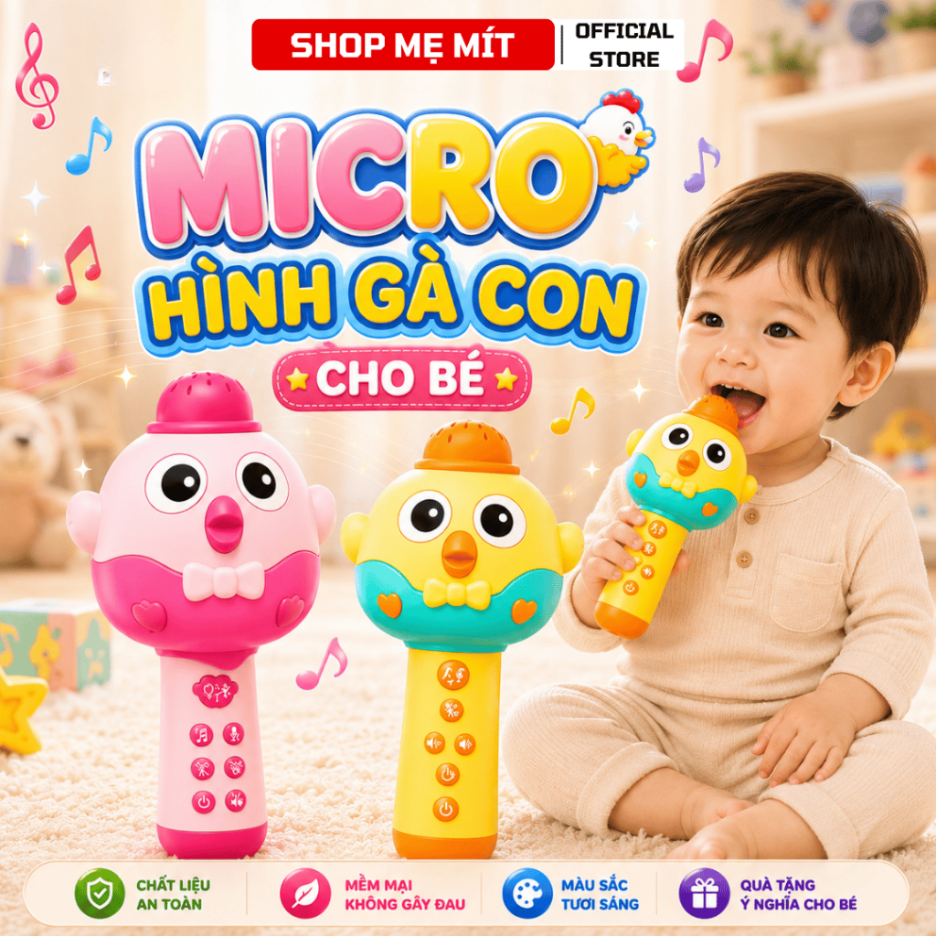 Micro Hình Gà Con Cho Bé – Micro Hát Karaoke Không Dây Có Đèn LED, Âm Thanh Vui Nhộn Cho Bé