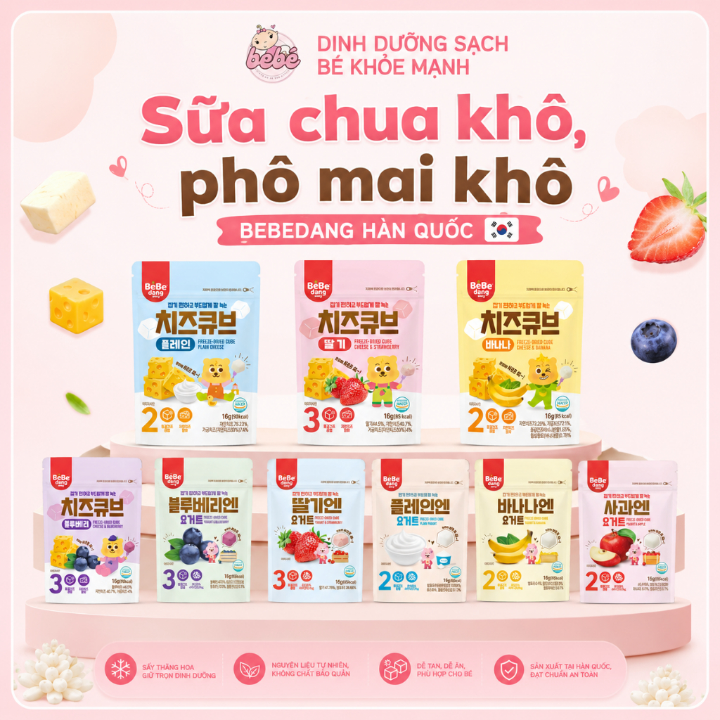 Sữa chua khô, phô mai khô sấy lạnh Bebedang cho bé ăn dặm. Giàu lợi khuẩn, tốt cho tiêu hoá của bé