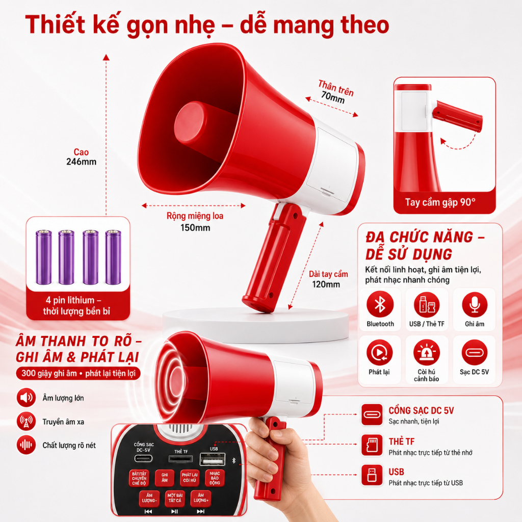 Loa Phóng Thanh Megaphone Bluetooth Cầm Tay, Ghi Âm Phát Lại, Hỗ Trợ USB Thẻ Nhớ 2pin/4pin Thời Gian Sử Dụng Bền Bỉ
