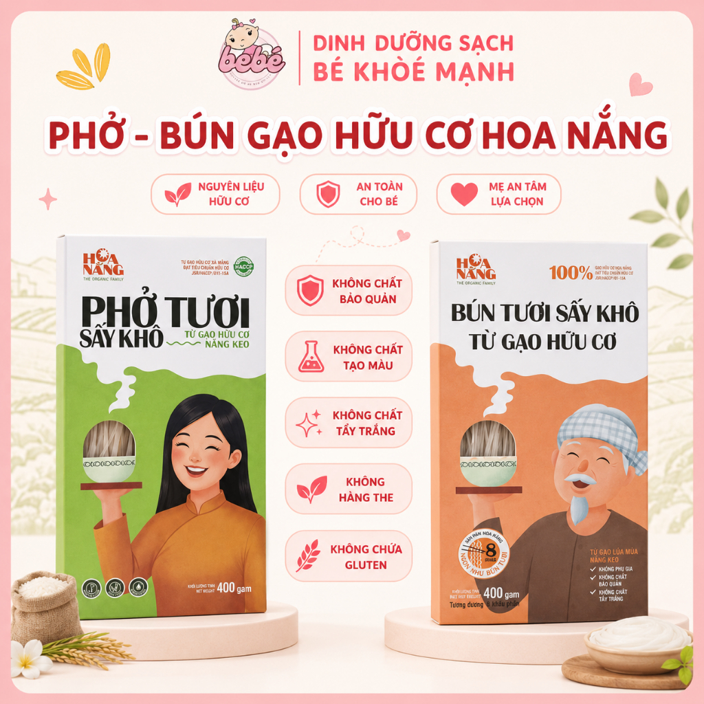 Phở / bún gạo tươi sấy khô hữu cơ Hoa Nắng. Organic, không chất bảo quản cho bé và cả gia đình