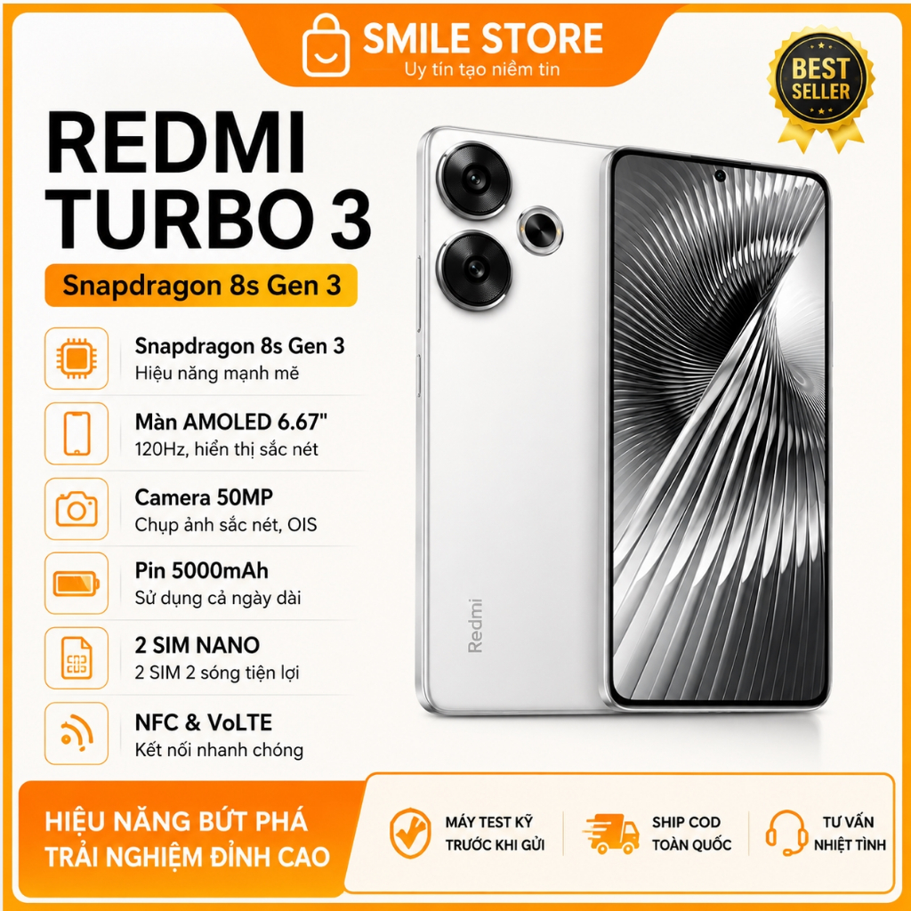 Điện thoại Redmi Turbo 3 Snapdragon 8s Gen 3 NFC VoLTE 5G AMOLED 6.67" Camera OIS 50MP Pin Trâu 5000mAh