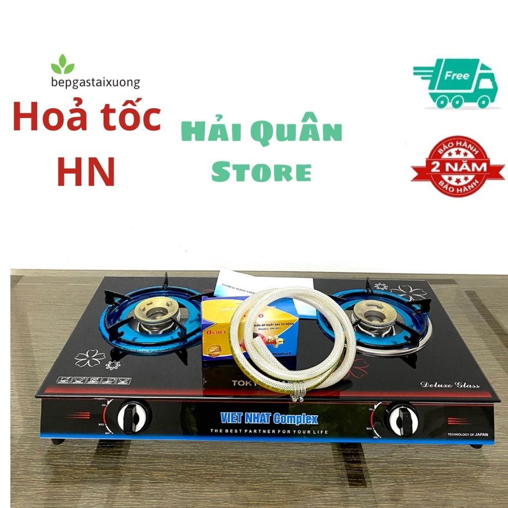 [Hoả tốc HN] Bếp gas đôi mặt kính Việt nhật - bếp gas đôi gia đình mặt kính cường lực