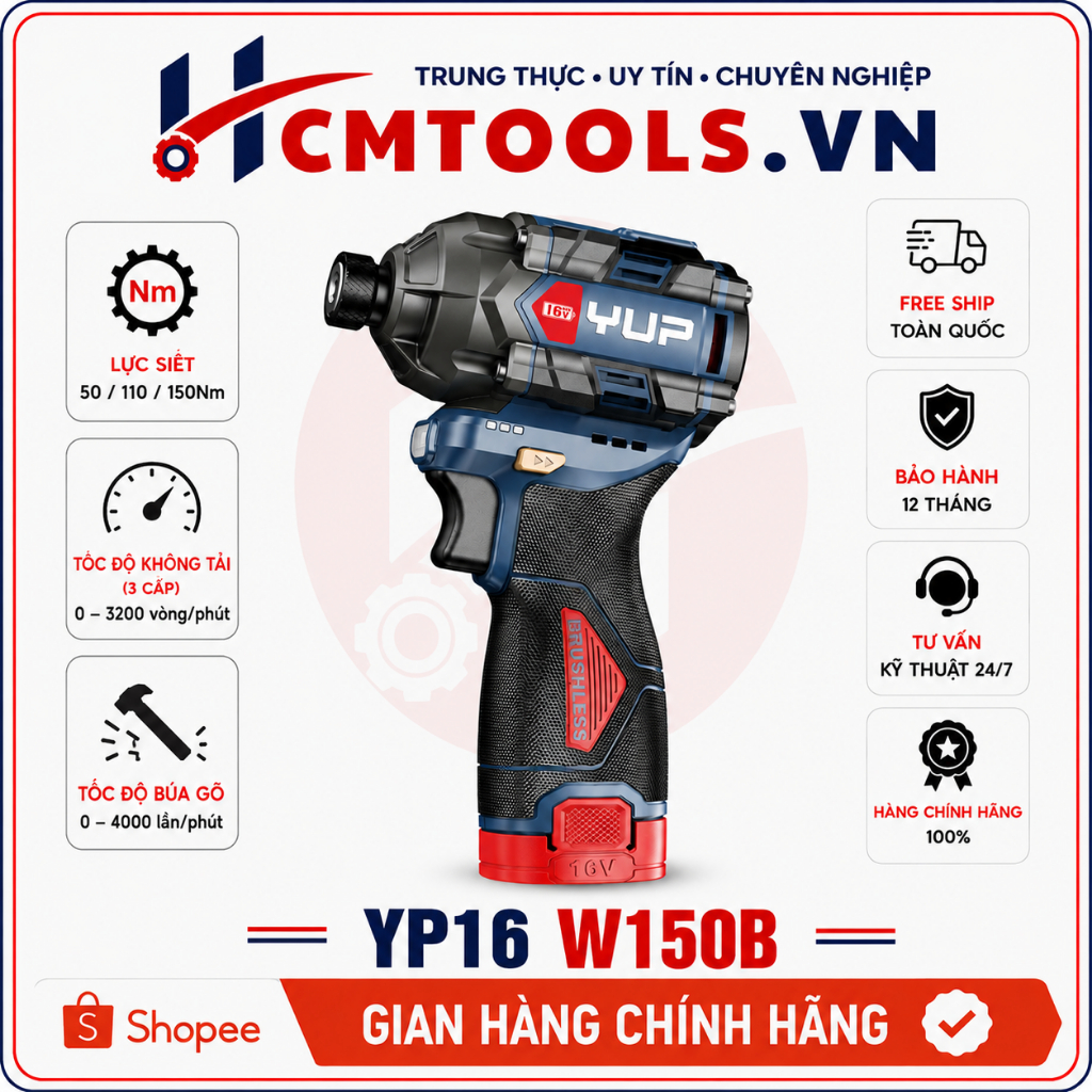Máy chuyên vít búa pin YUPAI YP16 W150B Lực siết 150Nm, 3 cấp chỉnh lực, máy chuyên bắt vít bắn tôn.
