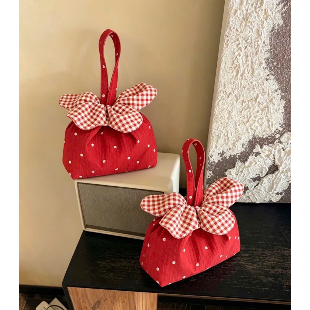 Túi Xách Mini Hoa Caro Vintage Handmade – Túi Vải Đeo Tay Dễ Thương Phong Cách Hàn Quốc
