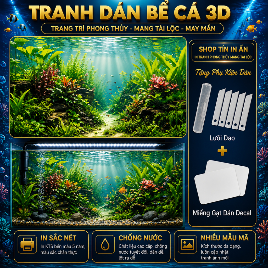 Decal tranh dán hồ cá 3D Kho In Ấn HC55 chống nước, In KTS dán dễ, gỡ dễ, có keo sẵn, nhiều kích cỡ