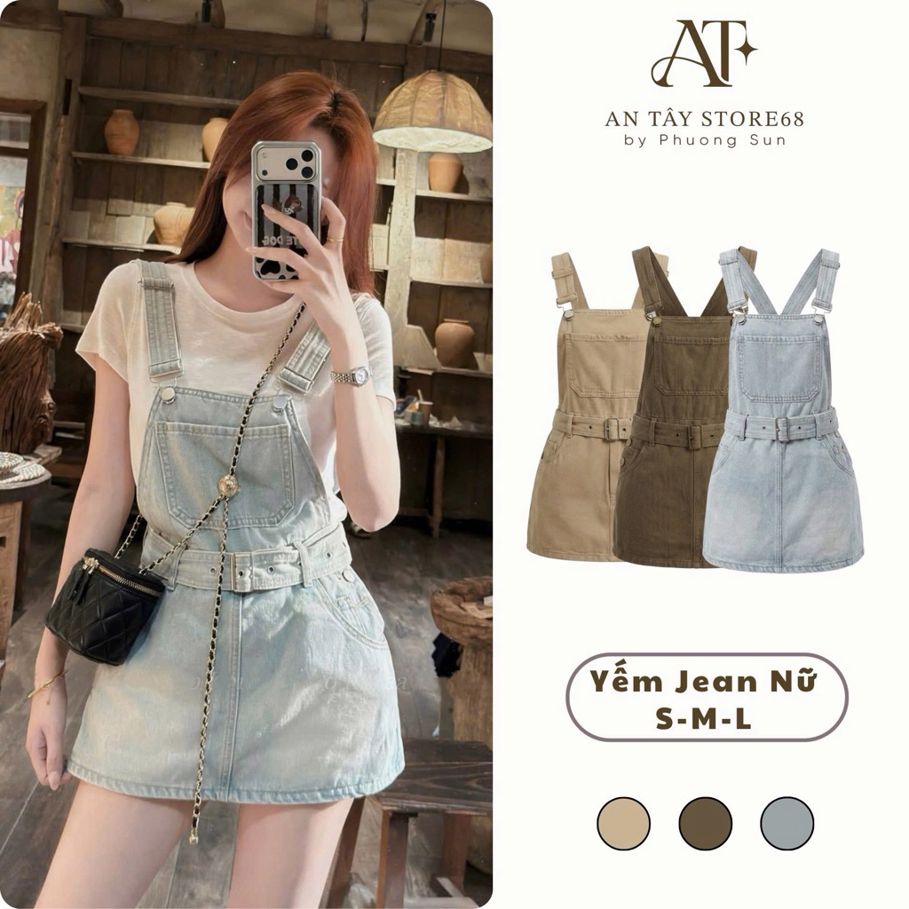 Yếm Jean Nữ Kèm Đai AN TÂY Dáng Giả Váy Dáng Ngắn Hack Dáng Dễ Phối Đồ #8615-17 Màu Xanh Nhạt/Be/Nâu