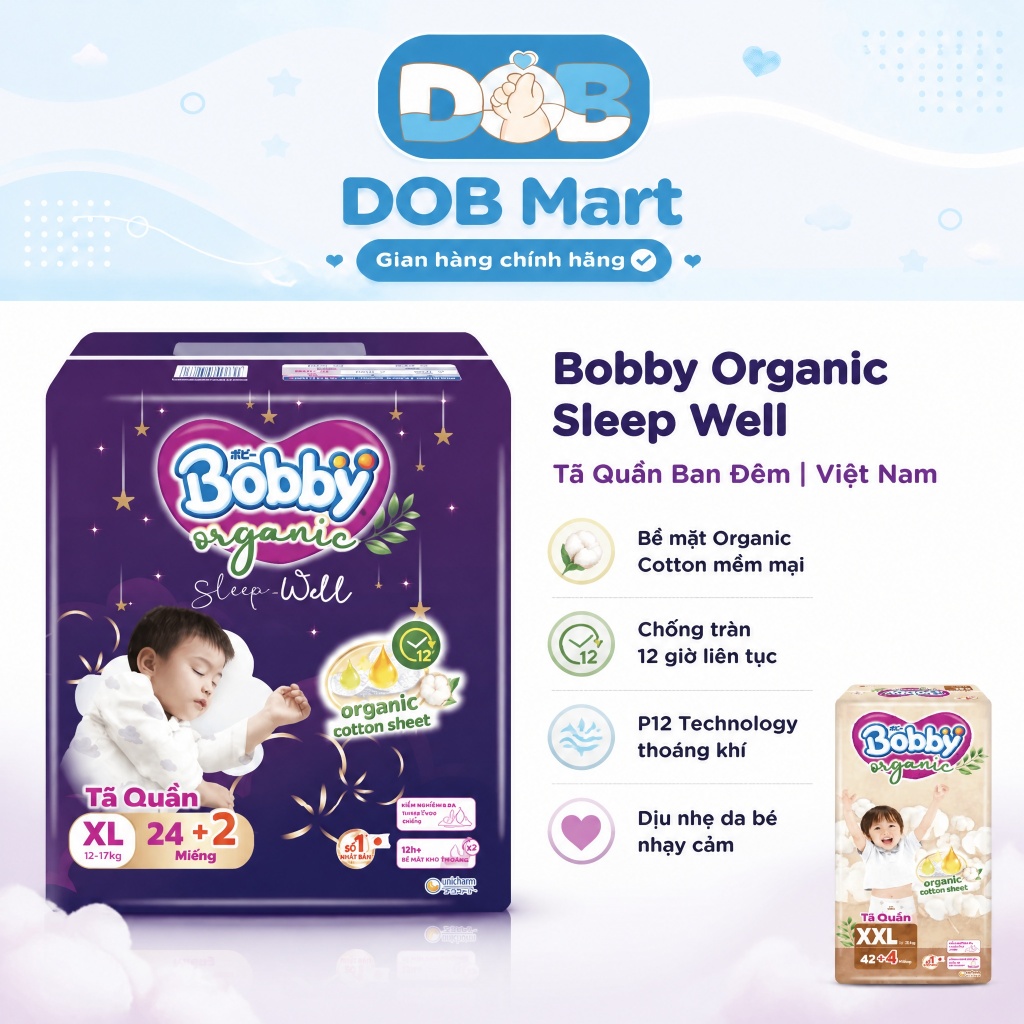 Tã dán/quần Bobby Organic SleepWell Cao Cấp Ban Đêm Siêu Thấm Hút cho bé đủ size DOB
