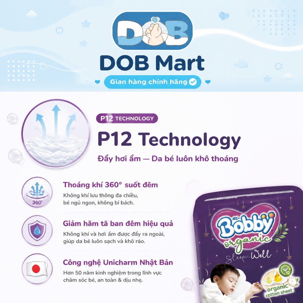 Tã dán/quần Bobby Organic SleepWell Cao Cấp Ban Đêm Siêu Thấm Hút cho bé đủ size DOB