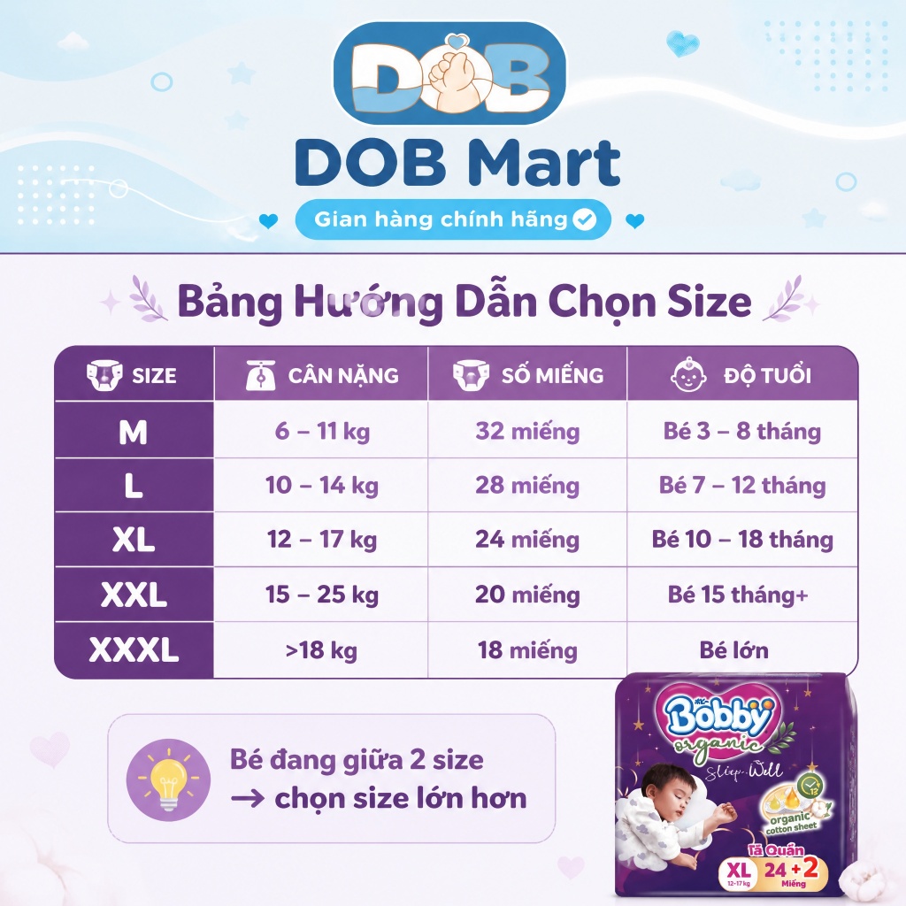 Tã dán/quần Bobby Organic SleepWell Cao Cấp Ban Đêm Siêu Thấm Hút cho bé đủ size DOB
