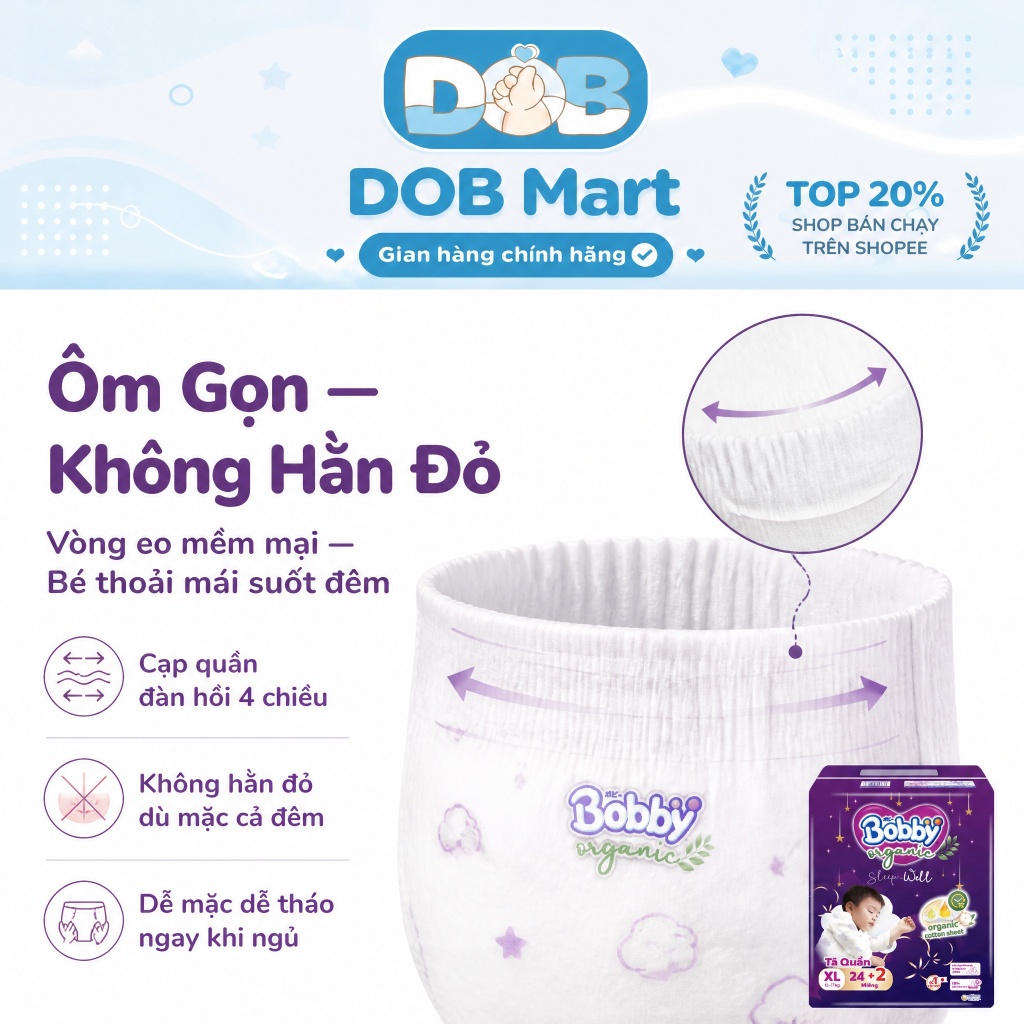 Tã dán/quần Bobby Organic SleepWell Cao Cấp Ban Đêm Siêu Thấm Hút cho bé đủ size DOB
