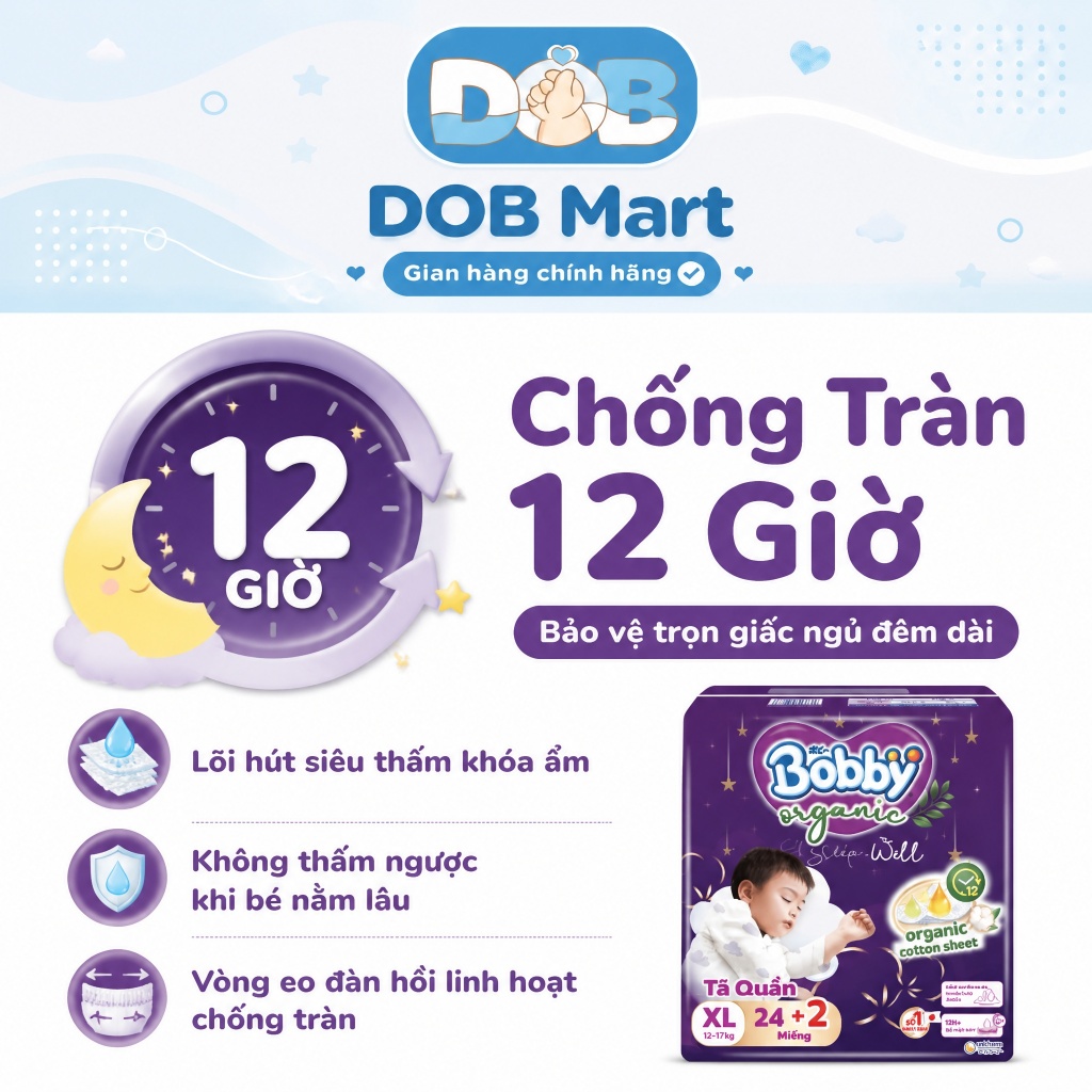 Tã dán/quần Bobby Organic SleepWell Cao Cấp Ban Đêm Siêu Thấm Hút cho bé đủ size DOB