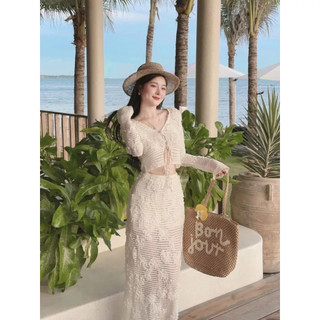Set bộ nữ đi biển áo tay dài thắt nơ ngực phối chân váy maxi dài tôn dáng phong cách nàng thơ HCOM25859