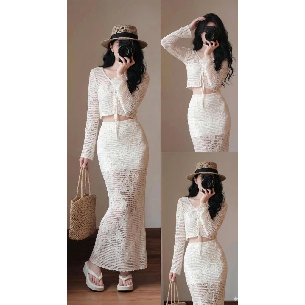 Set bộ nữ đi biển áo croptop buộc nơ chân váy maxi dài thun tơ dệt hoa nổi phong cách nàng thơ HCOM25859