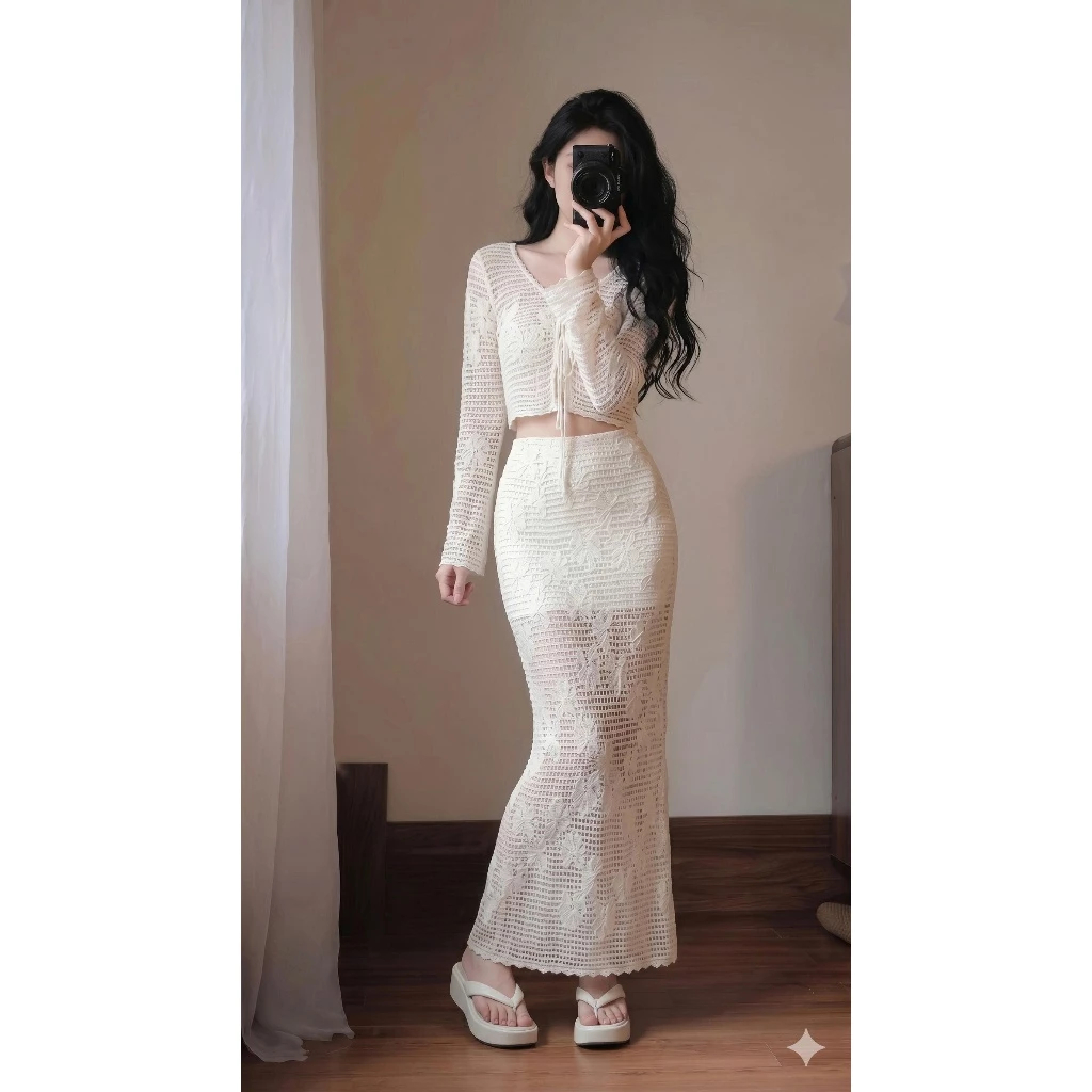 Set bộ nữ đi biển áo croptop buộc nơ chân váy maxi dài thun tơ dệt hoa nổi phong cách nàng thơ HCOM25859