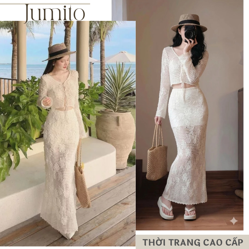 Set bộ nữ đi biển áo croptop buộc nơ chân váy maxi dài thun tơ dệt hoa nổi phong cách nàng thơ HCOM25859