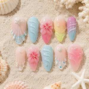 Nail box tự thiết kế style biển, móng giả tự dán đắp nổi màu sắc nổi bật tặng keo dũa LEUBOX