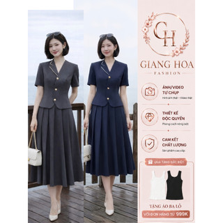 VT260415 - Set Bộ Công Sở Nữ Cao Cấp Áo Vest Tay Ngắn Chân Váy Xòe Dài Hàn Quốc Thanh Lịch Tôn Dáng