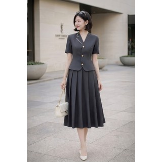 VT260415 - Set Bộ Công Sở Nữ Cao Cấp Áo Vest Tay Ngắn Chân Váy Xòe Dài Hàn Quốc Thanh Lịch Tôn Dáng