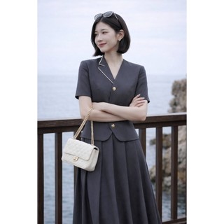 VT260415 - Set Bộ Công Sở Nữ Cao Cấp Áo Vest Tay Ngắn Chân Váy Xòe Dài Hàn Quốc Thanh Lịch Tôn Dáng