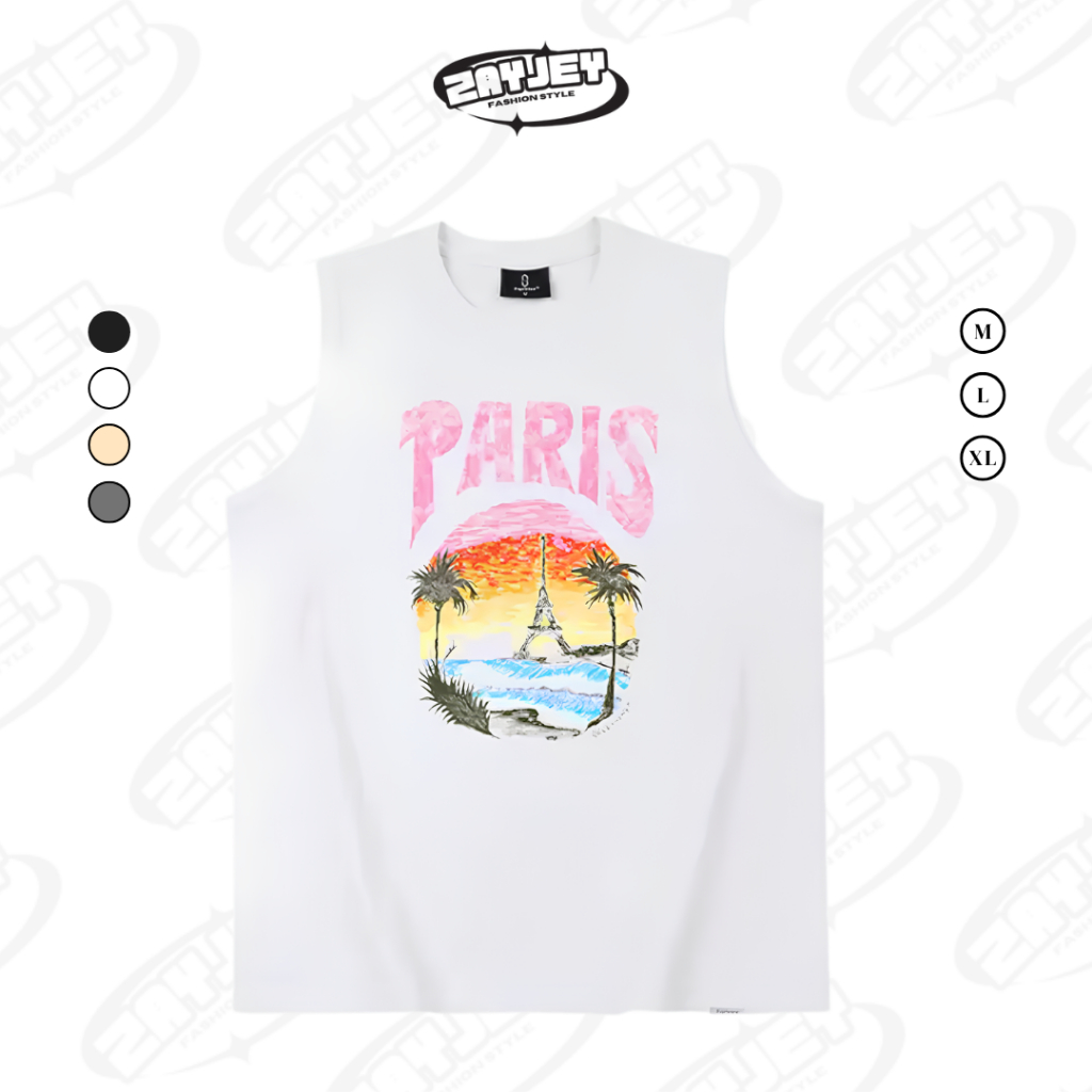 Áo Ba Lỗ Tank Top Họa Tiết Hình Paris Biển Rộng Rãi Thoáng Mát Chất Vải Cotton By Zayjey BL06