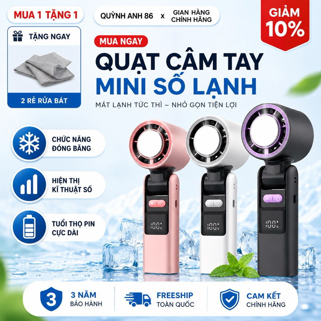 Quạt Cầm Tay Sò Lạnh K801, Màn Hình Kỹ Thuật Số Lạnh Sâu Nhanh, Pin 4000mAh,Đèn LED, Sạc Type-C2026