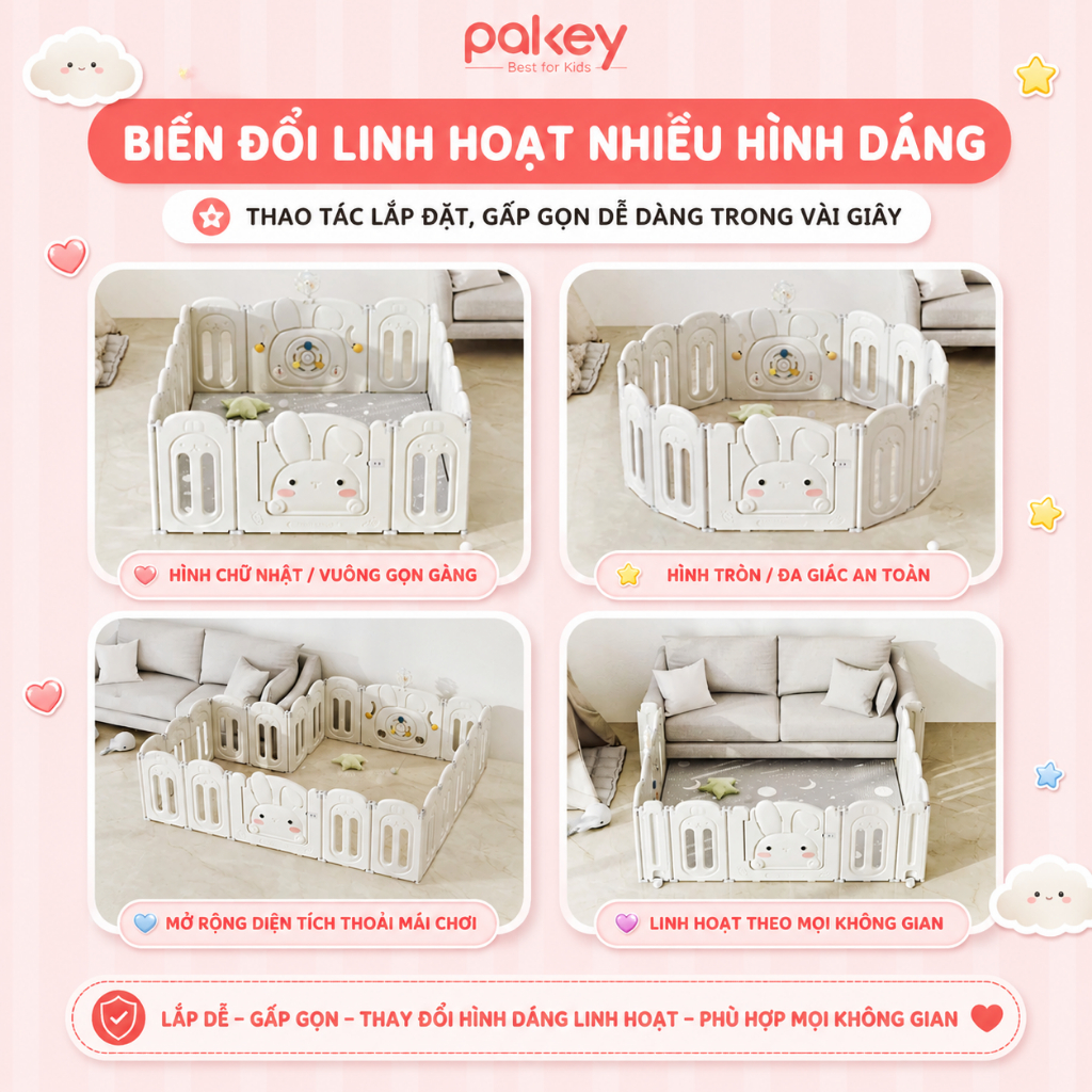 [HỎA TỐC HCM] Quây Cũi Nhựa Chính Hãng Pakey, Quây Cố Định, Quây Gấp Gọn Mẫu Dày Dặn Cao Cấp Siêu Đáng Yêu