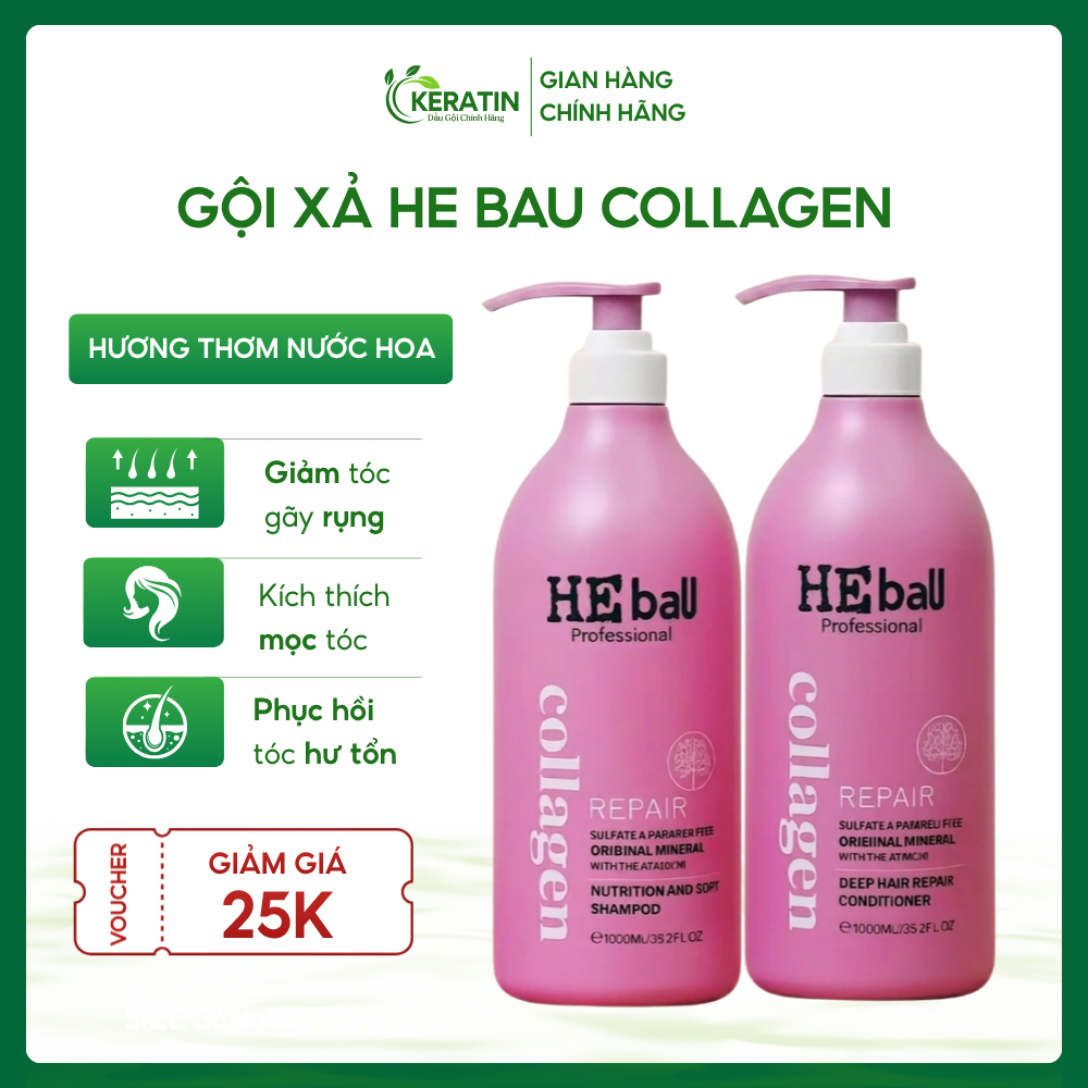 Dầu gội xả HE BAU Collagen Repair 1000ml hương thơm nước hoa giúp phục hồi tóc, kiềm dầu, giảm rụng tóc hiệu quả