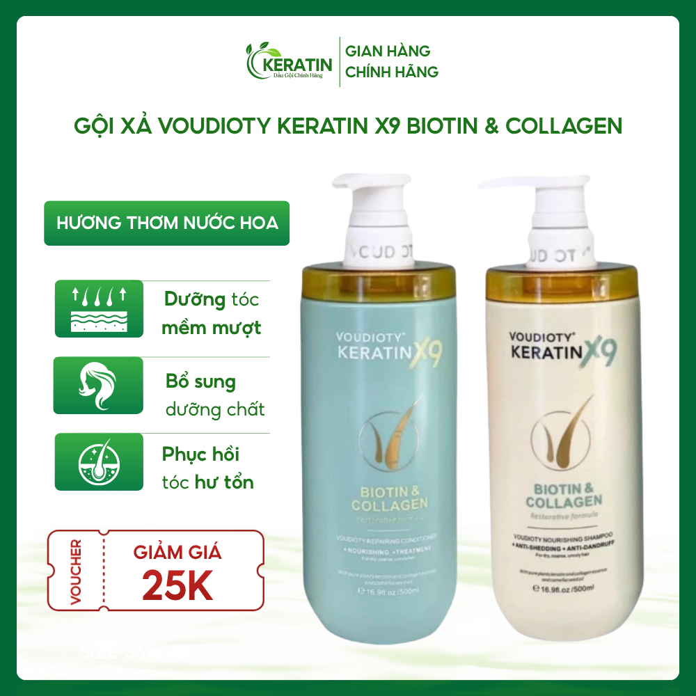 Dầu gội xả Voudioty Keratin X9 Biotin Collagen chai 500ml giúp phục hồi tóc hư tổn, giảm rụng tóc, dưỡng tóc mềm mượt