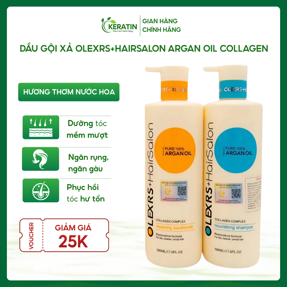 Bộ dầu gội xả Olexrs+HairSalon Argan Oil Collagen 960ml giúp phục hồi tóc, dưỡng tóc mềm mượt, chống rụng kích mọc tóc