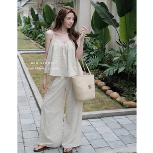Set bộ hai dây nữ mùa hè hoạ tiết chấm bi màu kem cao cấp , Set áo 2S dáng xoè kèm quần suông dài ống rộng • MIU.STUDIO