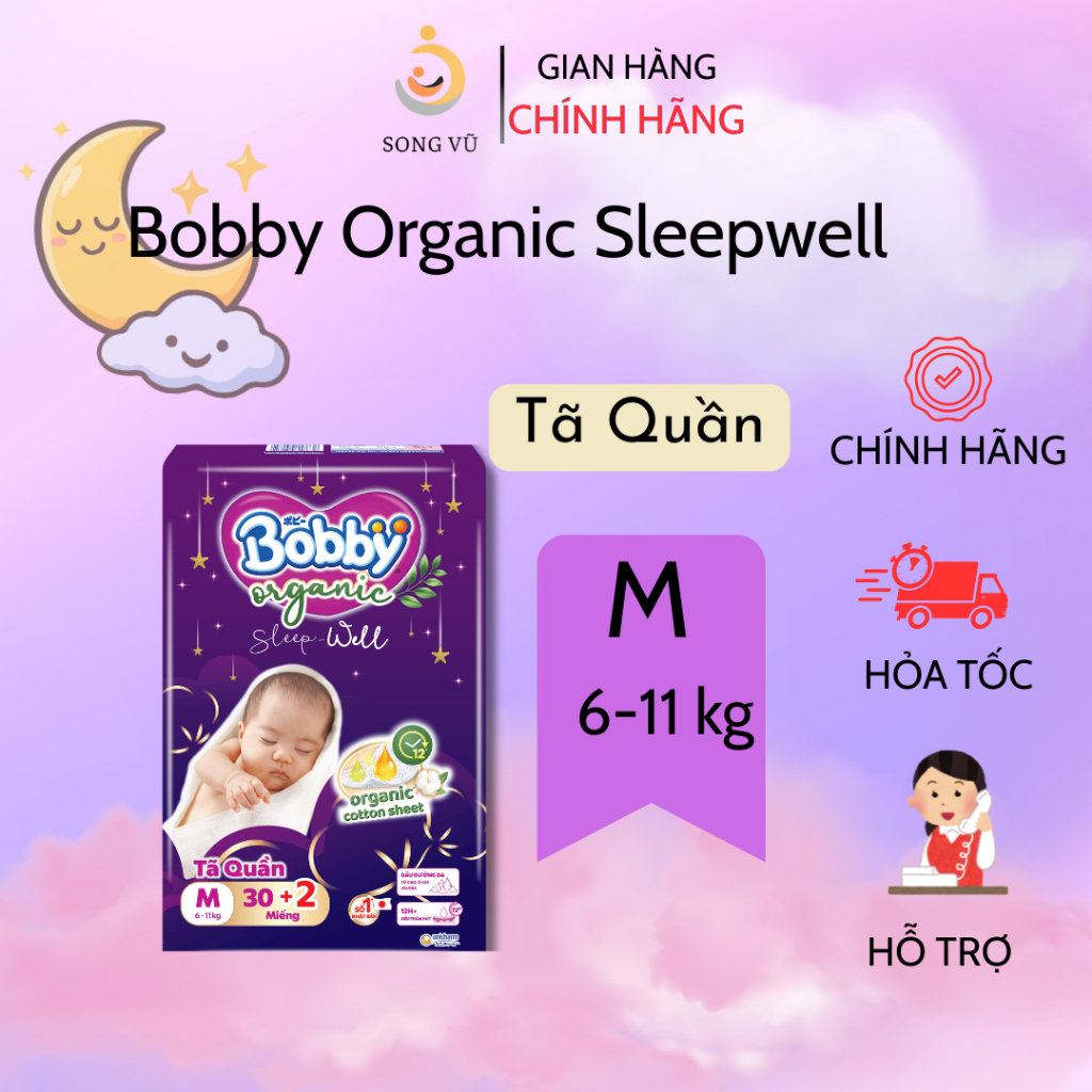 [MUA 1 TẶNG QUÀ] Tã quần ban đêm Bobby Organic Sleep Well cao cấp- size M.L.XL.XXL.XXXL