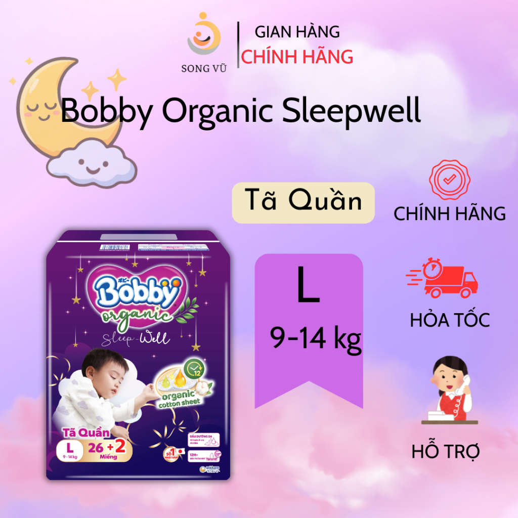 [MUA 1 TẶNG QUÀ] Tã quần ban đêm Bobby Organic Sleep Well cao cấp- size M.L.XL.XXL.XXXL