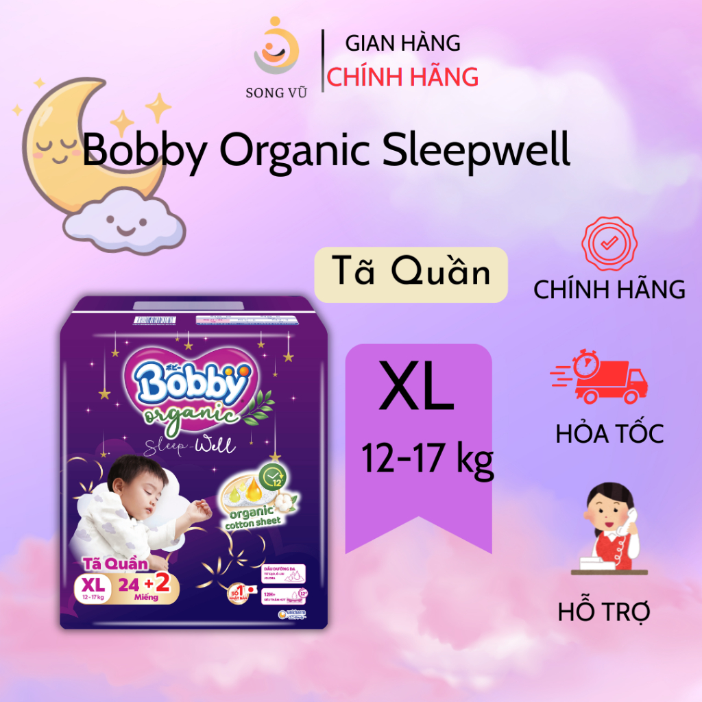 [MUA 1 TẶNG QUÀ] Tã quần ban đêm Bobby Organic Sleep Well cao cấp- size M.L.XL.XXL.XXXL