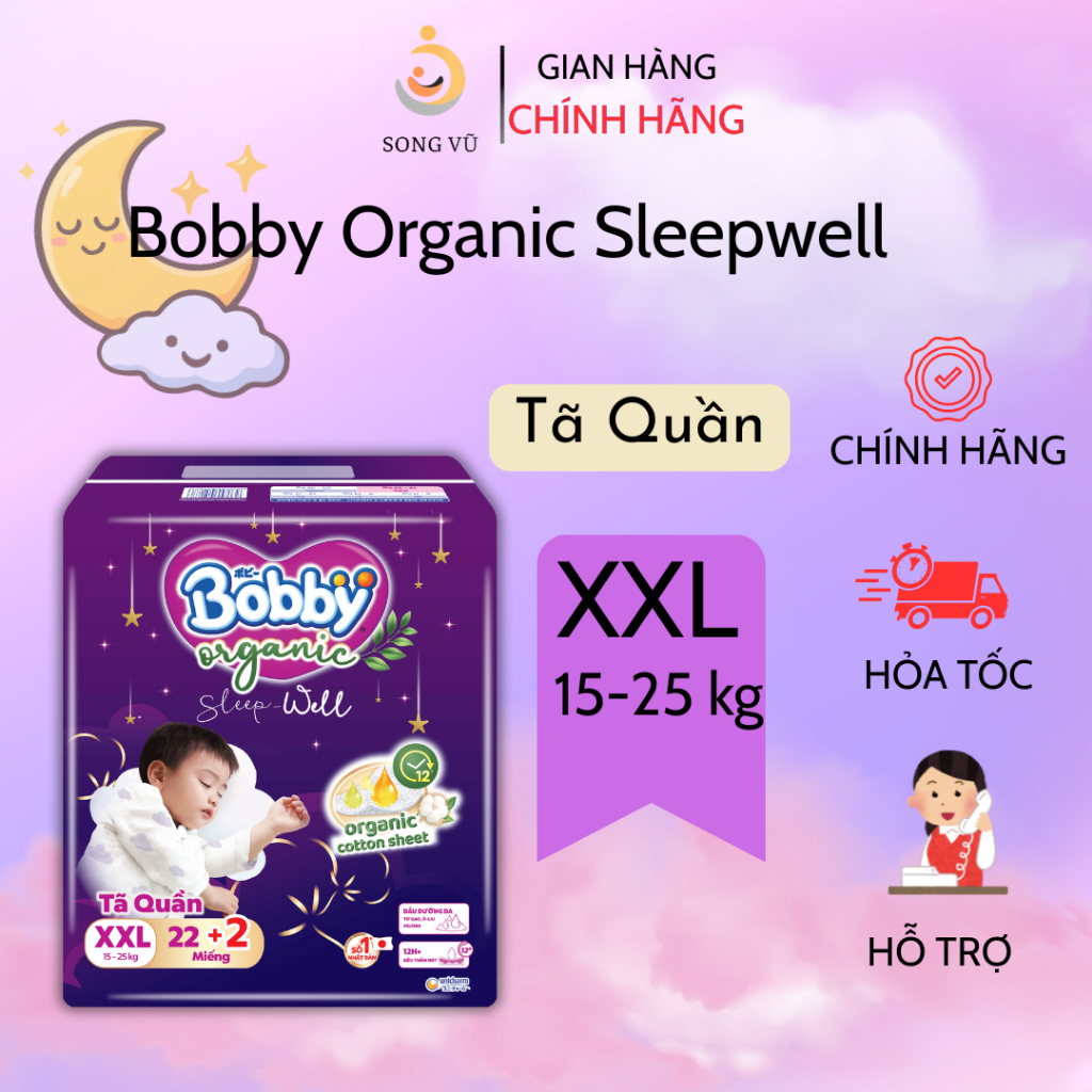 [MUA 1 TẶNG QUÀ] Tã quần ban đêm Bobby Organic Sleep Well cao cấp- size M.L.XL.XXL.XXXL