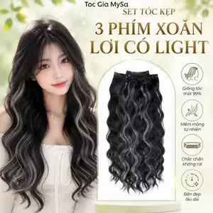 Tóc giả kẹp 3 phím xoăn light màu bạc, làm phồng và dày tóc tự nhiên, có thể sử dụng nhiệt