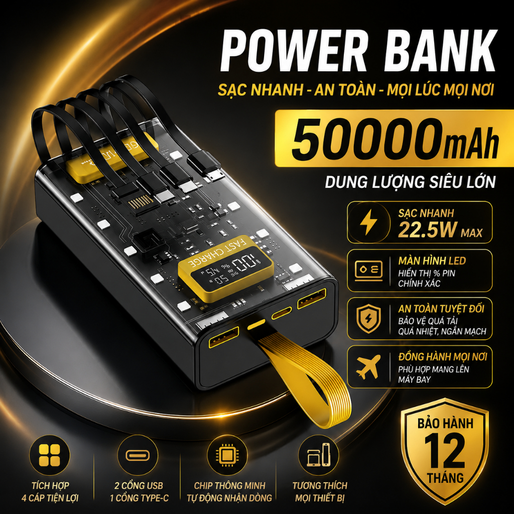 Sạc Dựng Phòng Trong Suốt 30000mAh Với 2 Cổng Sạc Nhanh 22.5w và PD 20W Kèm 4 Đầu Sạc Màn Hình LED- DL Tech