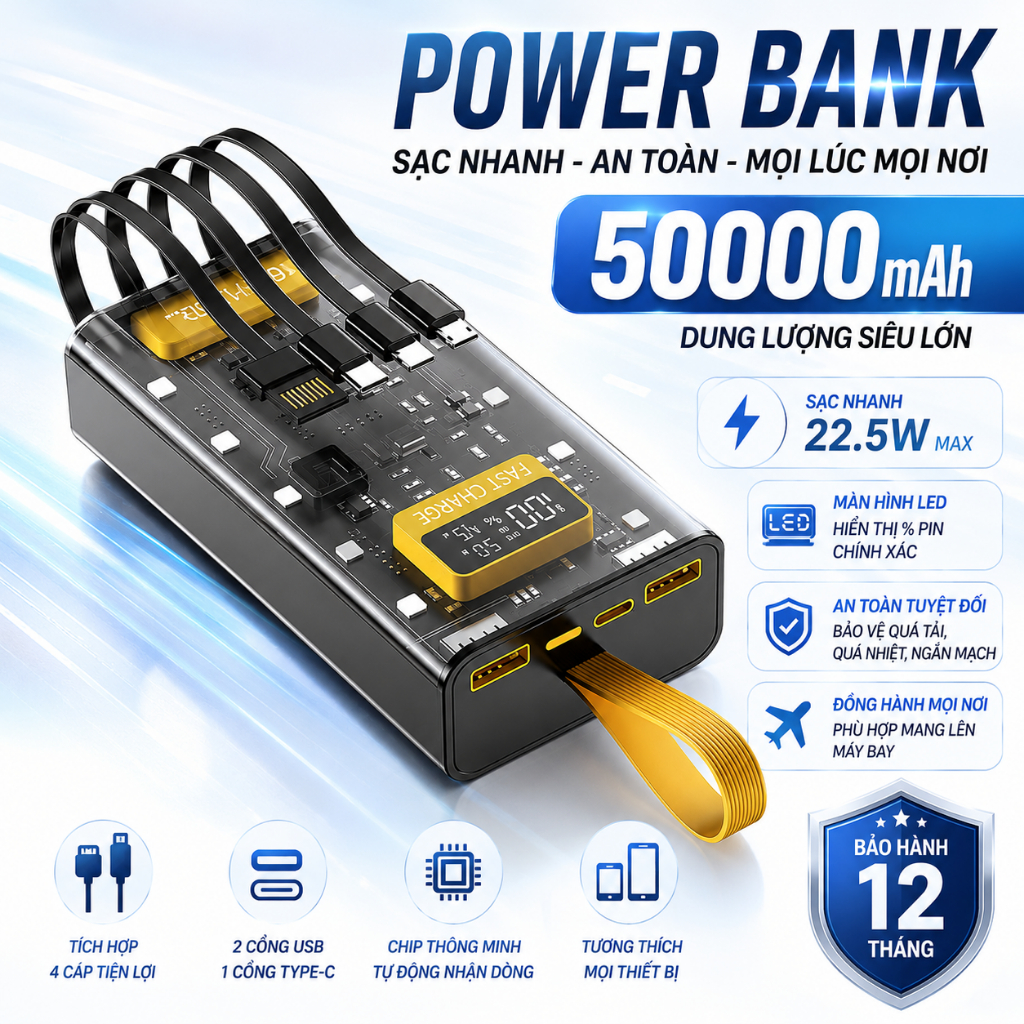 Sạc Dự Phòng Trong Suốt Dung Lượng 50000mah Sạc Nhanh PD22.5W - Tích hợp 4 cáp sạc - 10 Đèn LED Chiếu Sáng