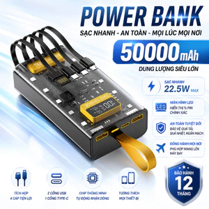 Sạc Dự Phòng Trong Suốt Dung Lượng 50000mah Sạc Nhanh PD22.5W - Tích hợp 4 cáp sạc - 10 Đèn LED Chiếu Sáng