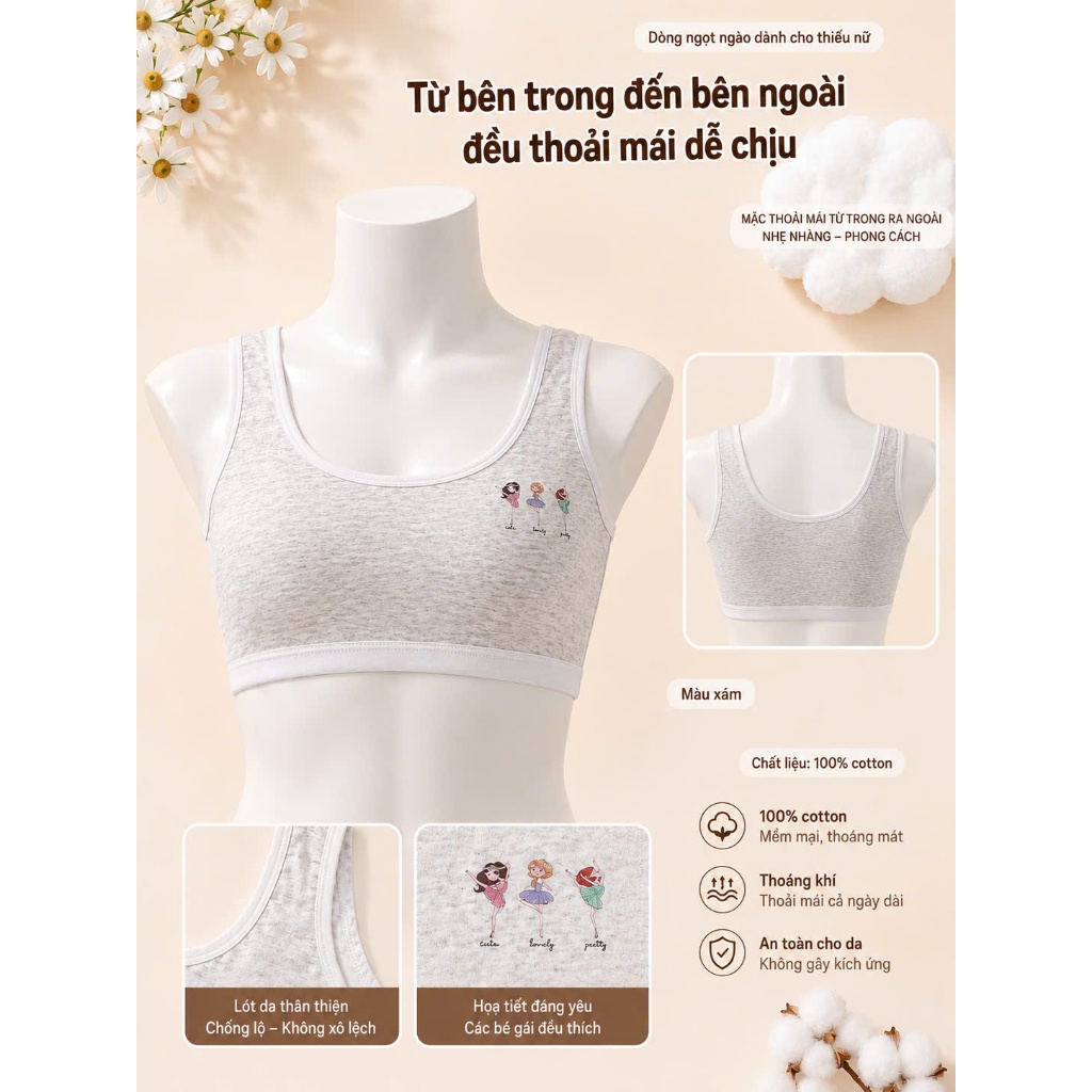 Áo Lá Thiếu Nữ ORA Cotton - Bra Bé Gái Mềm Thoáng Co Giãn Nhẹ Size M-XL