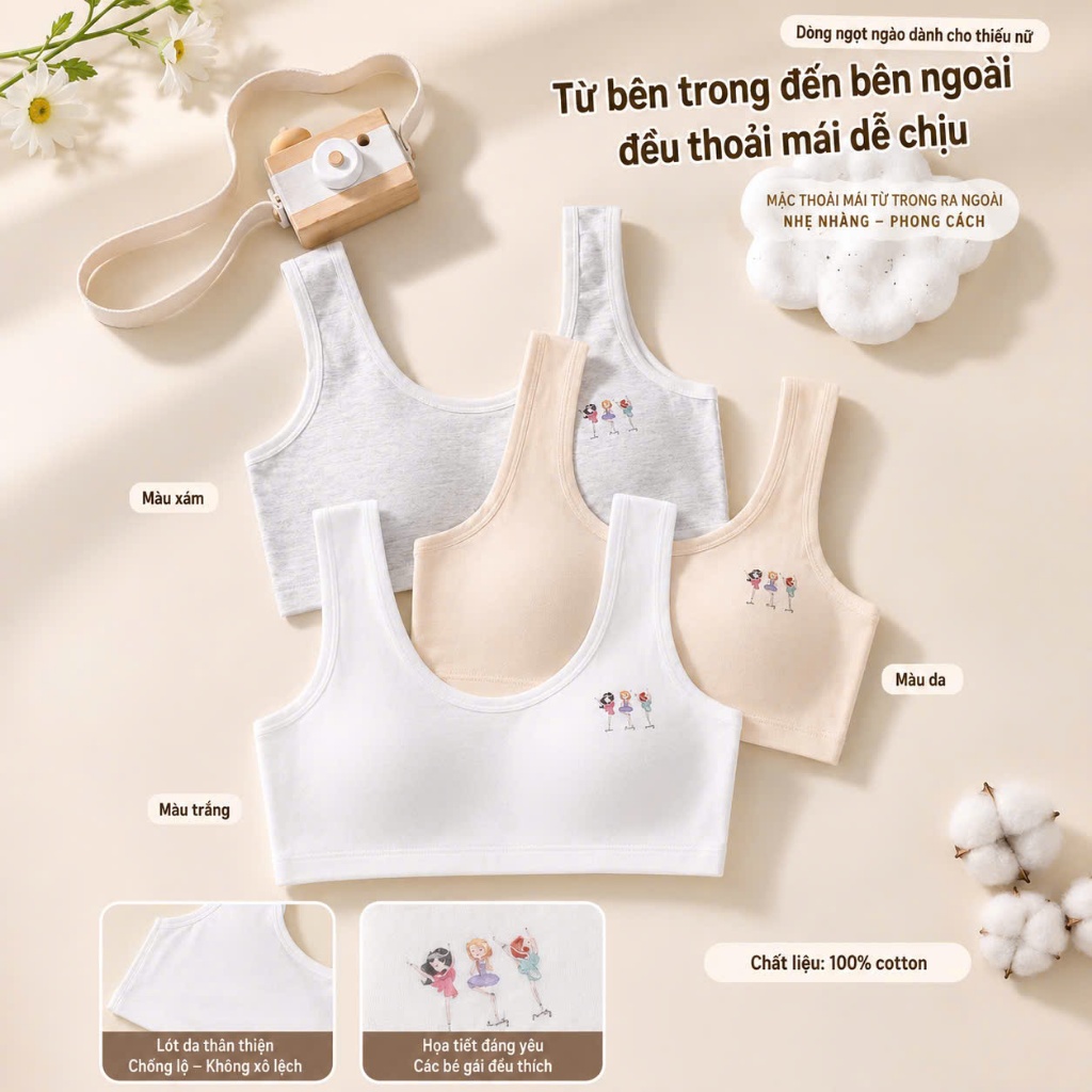Áo Lá Thiếu Nữ ORA Cotton - Bra Bé Gái Mềm Thoáng Co Giãn Nhẹ Size M-XL