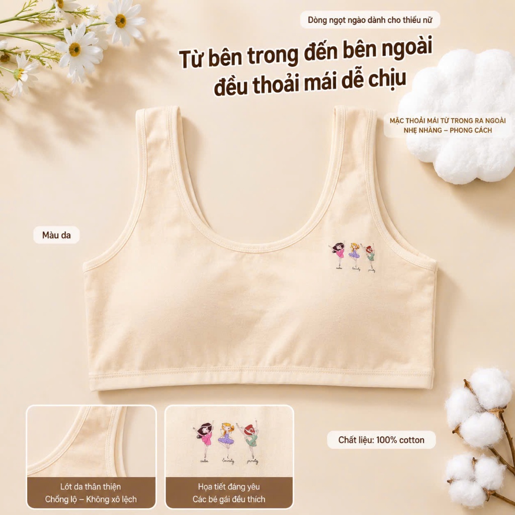 Áo Lá Thiếu Nữ ORA Cotton - Bra Bé Gái Mềm Thoáng Co Giãn Nhẹ Size M-XL